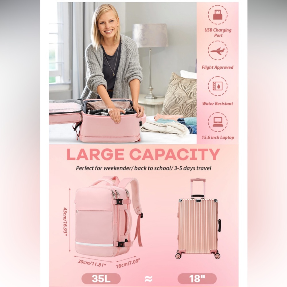 Airline Flight approved extra large capacity, travel laptop backpack 35L pink - Picture 10 of 16